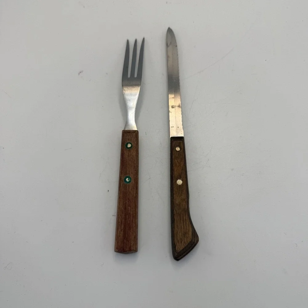 Vintage Ekco Flint Stainless Vanadium Knife and Meat Granny Fork Wood Handle USA